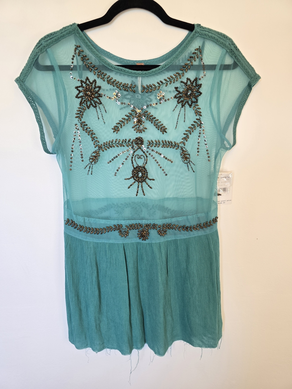 Free People Turquoise Embellished Mesh Top